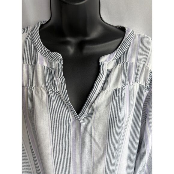 Splendid Striped Linen Blend Popover Top XXL 2XL Lagenlook Coastal White Grey - Picture 3 of 9